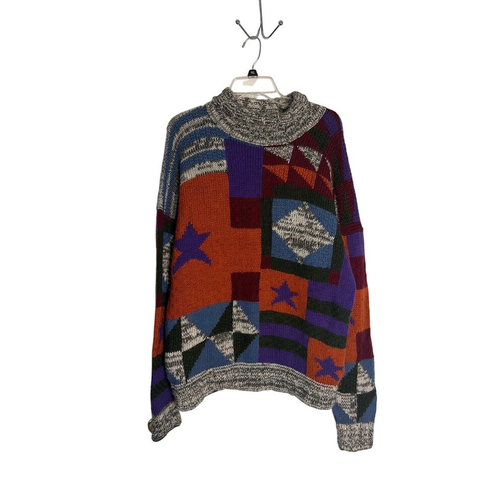 Vintage Geometric Abstract Patchwork Knit Sweater Size Men's XL Oversized Cosby